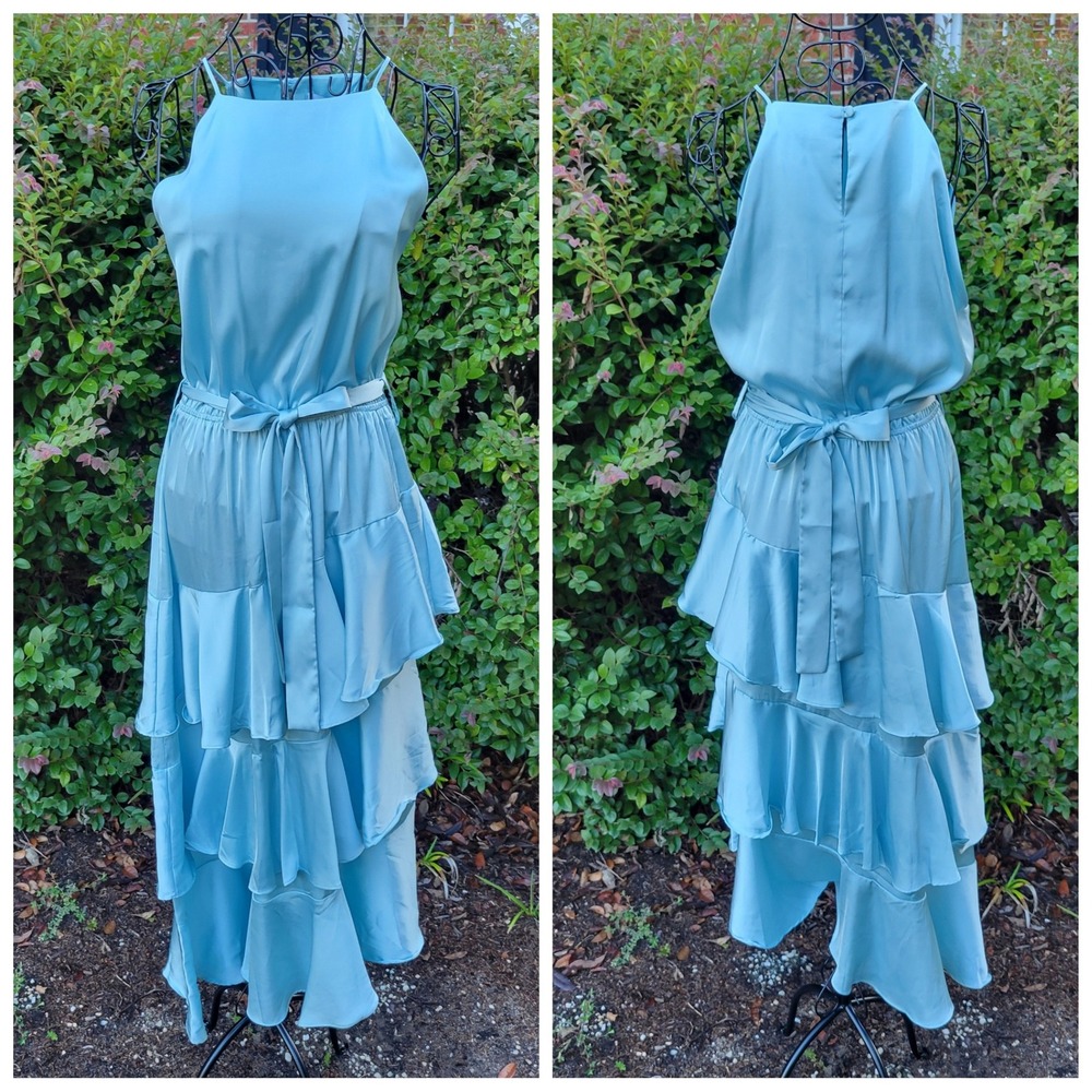 Petal Pup 8 Maxi Dress Blue Satin Tiered Ruffle Halter Wedding Guest Coquette